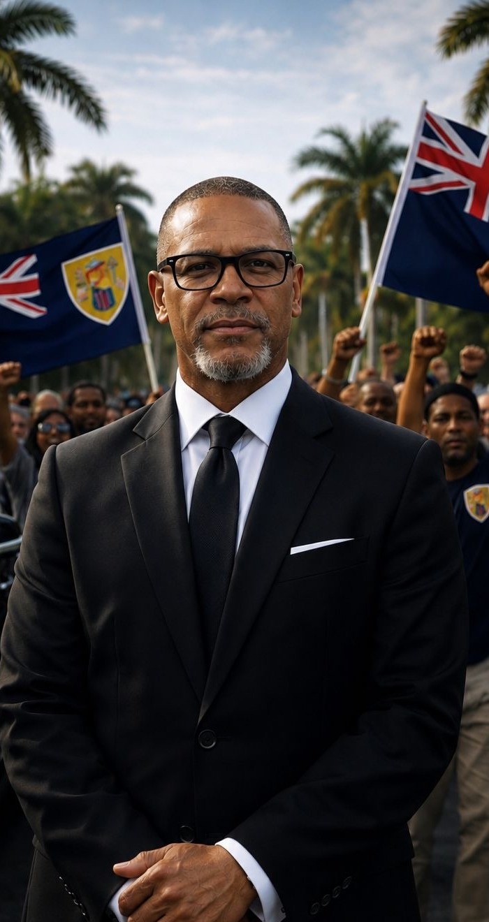 Michael Misick speaking, Turks & Caicos flags behind him