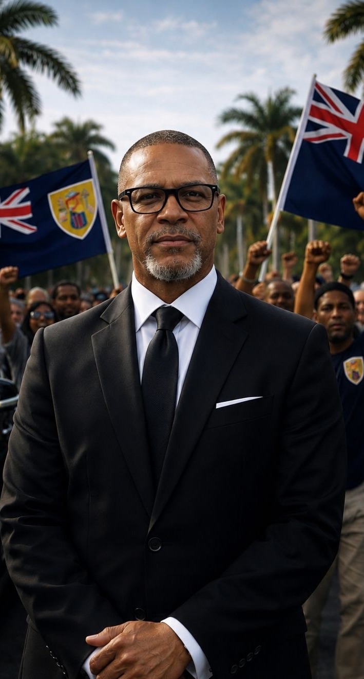 Michael Misick in a formal black suit, supporters with Turks & Caicos and Union flags behind him