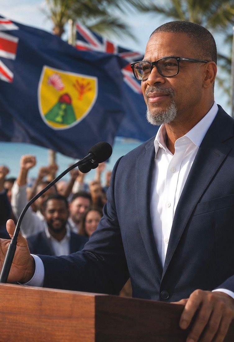 Michael Misick addressing supporters at a podium, the Turks & Caicos Islands flag behind him